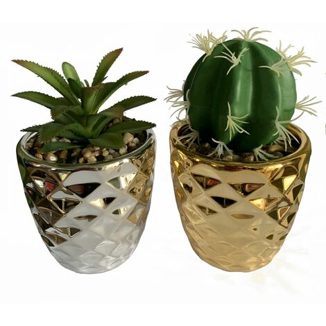 15cm Set of Two Silver and Gold Ceramic Planters with Artificial Cactus and Dracaena