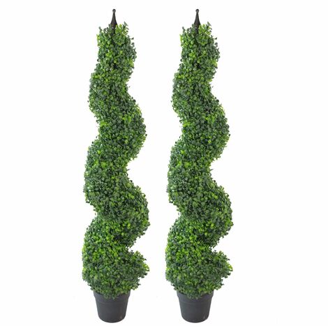 Pair of 120cm (4ft) Tall Artificial Boxwood Tower Trees Topiary Spiral Metal Top (1/5)