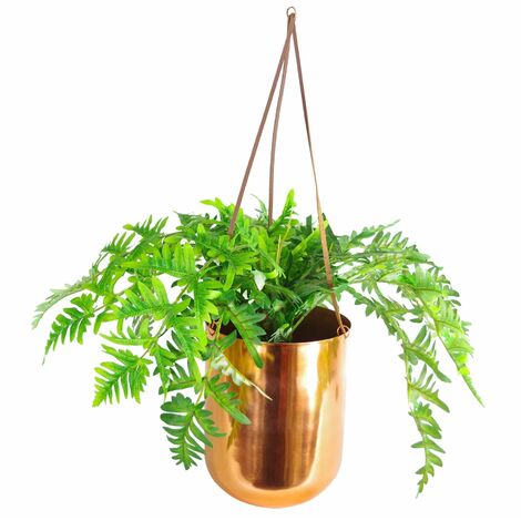 60cm Hanging Copper Planter with Artificial Evergreen Fern Plant (1/4)