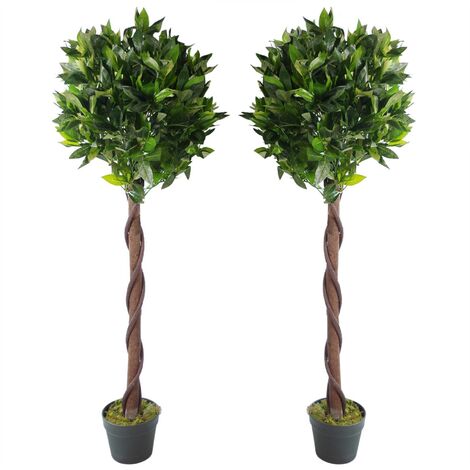 Pair of 120cm (4ft) Twisted Trunk Artificial Topiary Bay Laurel Ball Trees (1/2)