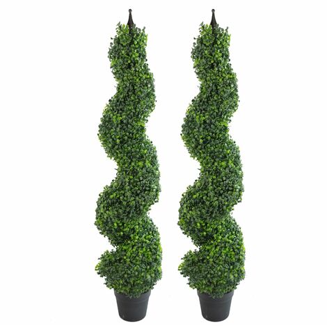Pair of 120cm (4ft) Tall Artificial Boxwood Tower Trees Topiary Spiral Metal Top (1/5)