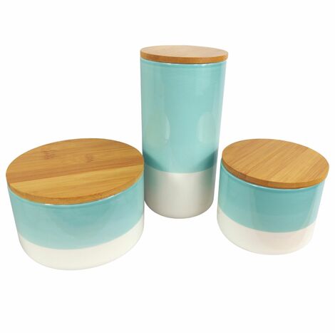 Set of Three Canisters Aqua Green Ceramic Storage Jars with Lids (1/5)