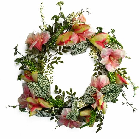 60cm Artificial Pink Lily Flower Wreath (1/5)