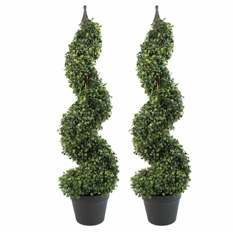 Pair of 90cm (3ft) Tall Artificial Boxwood Tower Trees Topiary Spiral Metal Top (1/5)