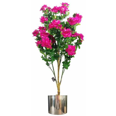100cm Realistic Artificial Azalea Pink Flowers Potted Plant with Silver Metal Planter (1/5)