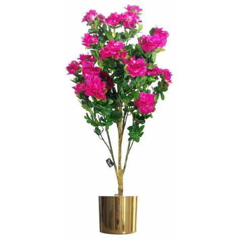 100cm Realistic Artificial Azalea Pink Flowers Potted Plant with Gold Metal Planter (1/5)