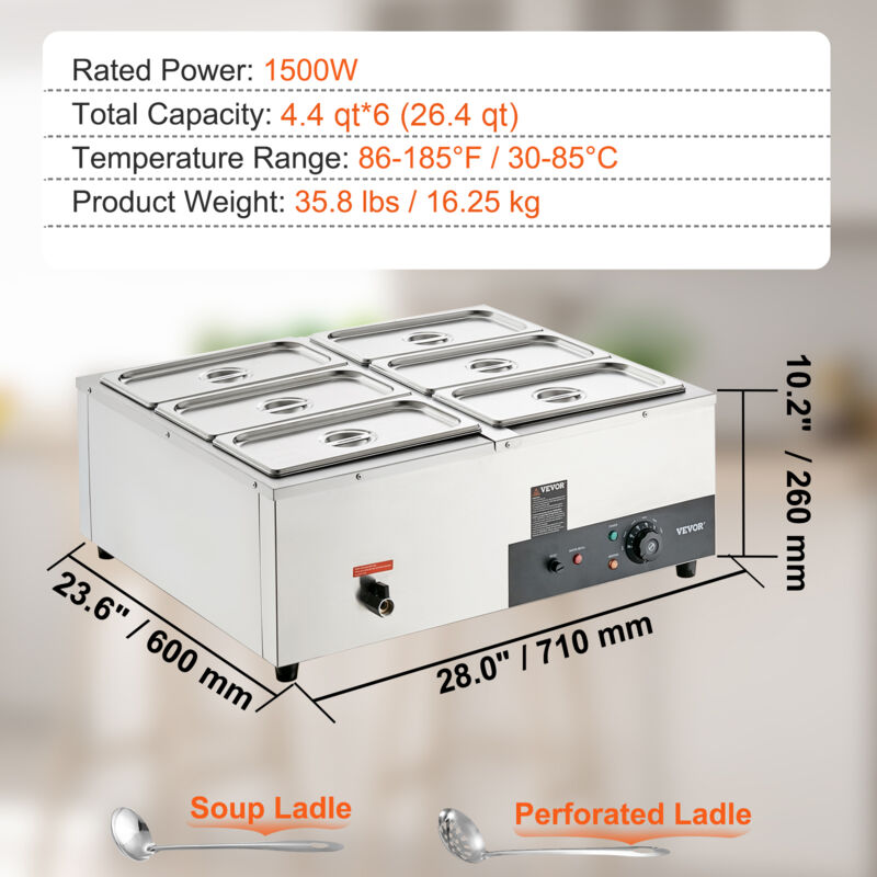 VEVOR Calentador Electrico Comercial de Alimentos para Buffet 6x8 Qt  Recipiente Calentador de Comida para Evento