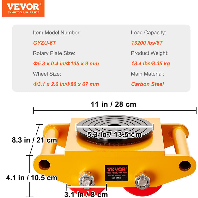 VEVOR Patín de Transporte de Maquinaria de Acero al Carbono Ruedas para  Mover Muebles Pesados Carga