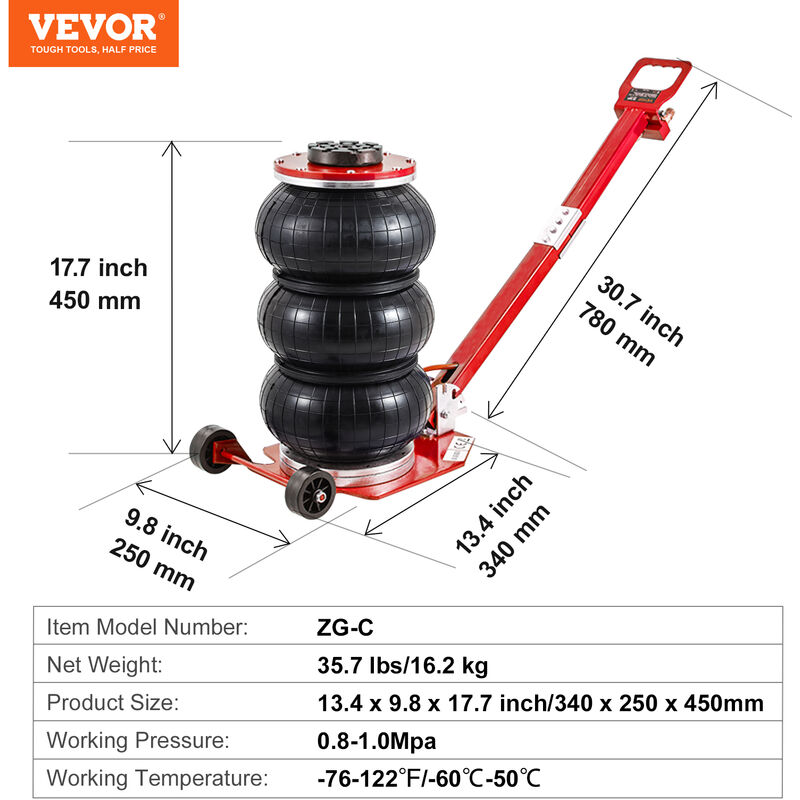 VEVOR VEVOR Gato Neumático Carga de 3 T Elevación de 140-450 mm Gato de  Aire para Coche 0,8-1,0 MPa Gato Hinchable 3 Cojines de Aire Elevación  Rápida para Reparación Mantenimiento Coche SUV