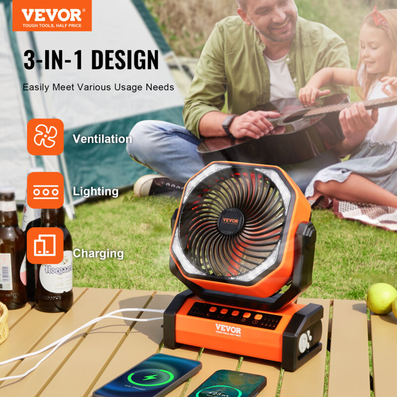 Ventilador De Camping Recargable 20000mAh | 3 Velocidades + Luz LED + Power Bank | Ideal Para Exteriores