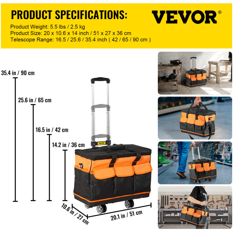 VEVOR Maletín de Herramientas 42-90 cm Maleta Caja Ruedas Bolsa