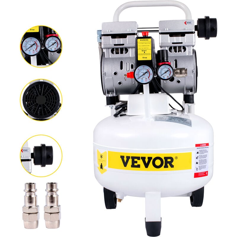 VEVOR Compresor de Aire 750 W 220 V Compresor Silencioso con Tanque 25 L Compresor de Aire sin Aceite 8 Bar/115 PSI Compresor de Aire 165 L/min Portátil 1440 RPM 5,9 CFM para Herramienta Neumática