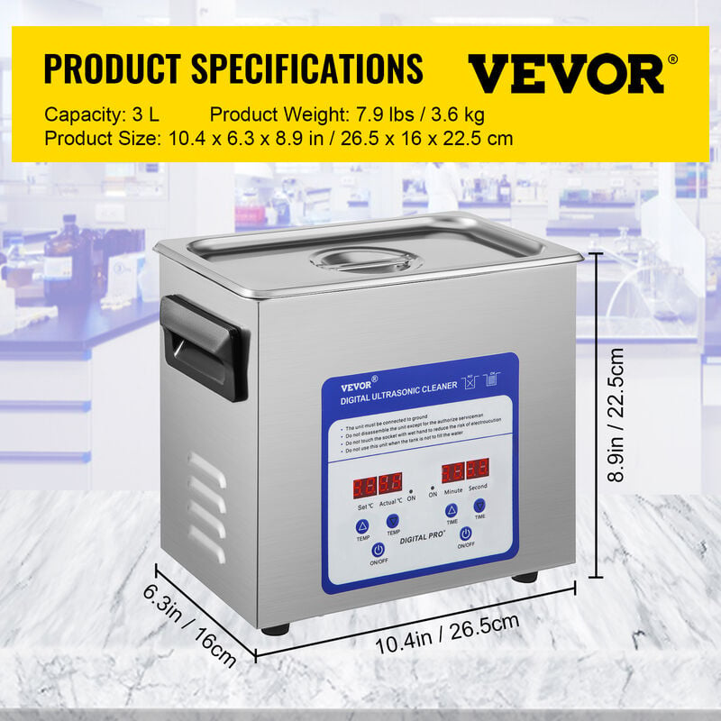 VEVOR VEVOR Limpiador Ultrasónico 3 L Máquina de Limpieza Ultrasónica 120 W  Máquina Limpiadora Ultrasónica con Temporizador y Calentador Digital LCD  para Joyas, Gafas, Relojes, Metal, Dental, Laboratorio