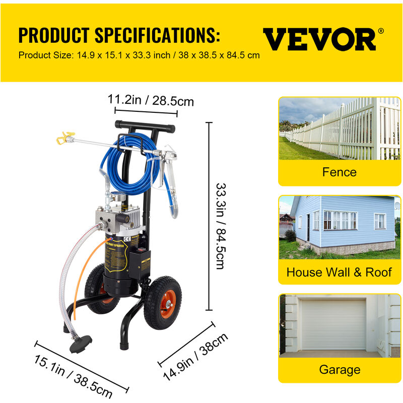 VEVOR VEVOR Pulverizador de pintura eléctrica 0,9kW Mangueras 2 x 15m  Pistola pulverizadora sin aire 1,9L/min máx. Pulverizador de pintura móvil  para niños