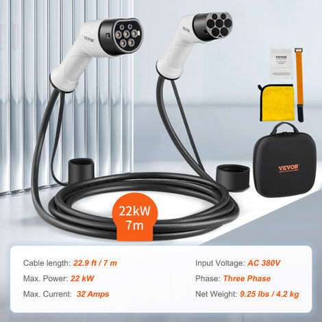 VEVOR Cable de Vehículo Electrico Tipo 2 a Tipo 2 Cable de Carga EV 32A 22kW Cable de 7m IP66 Impermeable con Bolsa de Transporte para IEC62196 Híbrido de Carga de Coches Electricos CE TUV Tres Fases