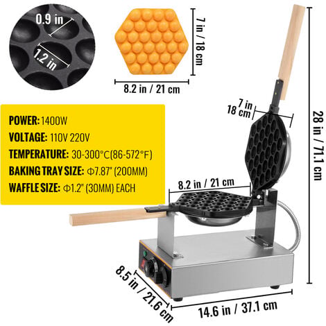 VEVOR VEVOR Gofrera Máquina de Gofre de Acero Inoxidable para Hacer Bubble  Waffles Girario 180 Grado con Mango de Madera