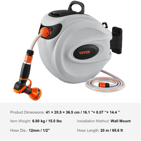 VEVOR Carrete de Manguera Retráctil Giratorio de 180° Carrete Automático de Manguera Montado en Pared Manguera Enrollable Automática 20 m x 12 mm para Regar Cesped Jardín, Lavar Auto, Bañar Mascota