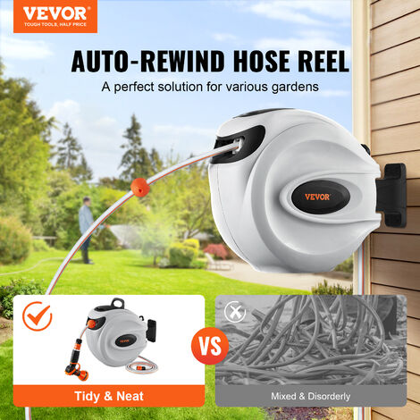 VEVOR Carrete de Manguera Retráctil Giratorio de 180° Carrete Automático de Manguera Montado en Pared Manguera Enrollable Automática 20 m x 12 mm para Regar Cesped Jardín, Lavar Auto, Bañar Mascota