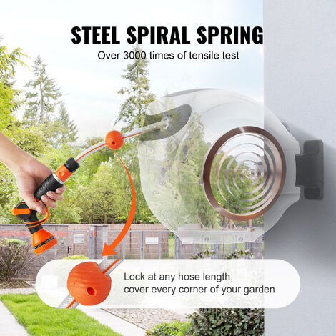 VEVOR Carrete de Manguera Retráctil Giratorio de 180° Carrete Automático de Manguera Montado en Pared Manguera Enrollable Automática 20 m x 12 mm para Regar Cesped Jardín, Lavar Auto, Bañar Mascota