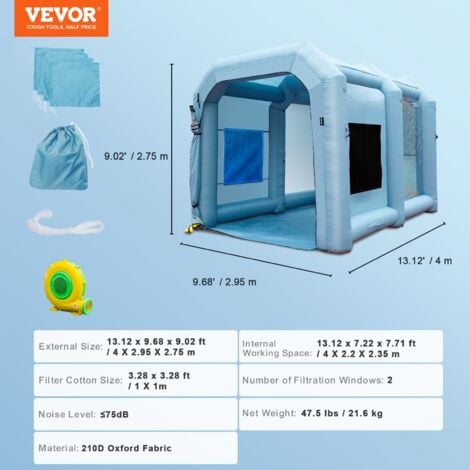 VEVOR Cabina de pintura inflable portátil VEVOR, cabina de pintura inflable  de 13 x 8 x 8 pies, tienda de pintura para coche con sistema de filtro de  aire y 2 sopladores