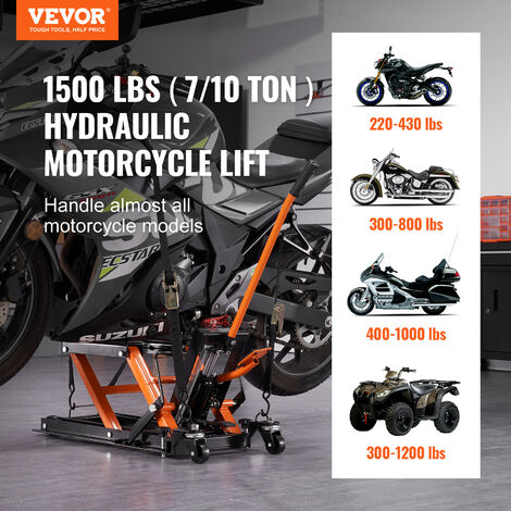 VEVOR Gato de Elevación Hidráulico de Motocicleta Capacidad de 700kg Mesa de Elevación Portátil Altura de Elevación 12-38,5 cm con 4 Ruedas Pie Hidráulico Soporte de Elevación para Motocicleta ATV UTV