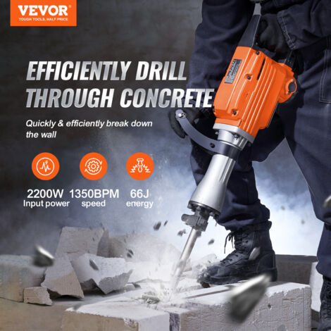 VEVOR Martillo de Demolición 2200W 66J 1350BPM Martillo Electrico con Cable 1-1/8" con 2 Cinceles Reemplazables Mango Giratorio 360° Rompe Hormigón Antivibración para Cincelar Construcción Fontanería