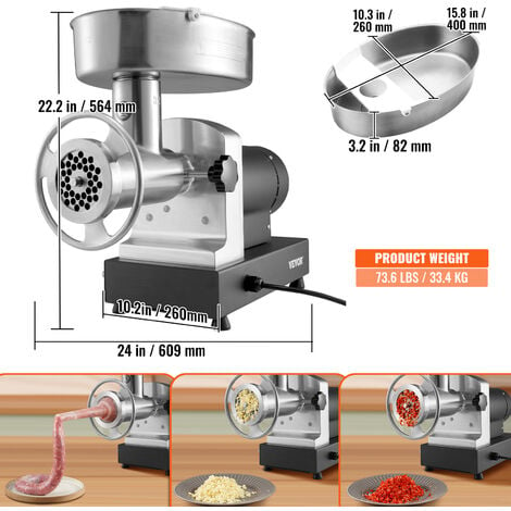 Picadora de carne eléctrica, capacidad de 992 libras/H, picadora industrial  de carne de 1100 W (4600 W máximo) con 2 cuchillas, 3 placas de molienda