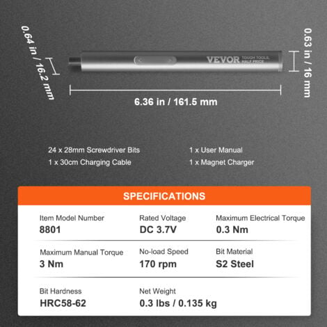 VEVOR VEVOR Mini Destornillador Inalámbrico con Fuego de 24 Puntas de Destornillador  Eléctrico Recargable Par Máximo Eléctrico de 0,3 Nm Manual de 3 Nm  Velocidad de 170 rpm para Reparación de Gafas PC