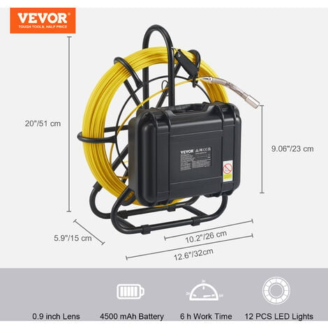 VEVOR VEVOR Cámara Endoscópica de Drenaje Pantalla de 9 con IP68  Impermeable Batería de 4500 mAh 12 LED Ajustable Cable 91,5 m Tarjeta SD de  16GB para Tubería de Alcantarillado Drenaje de