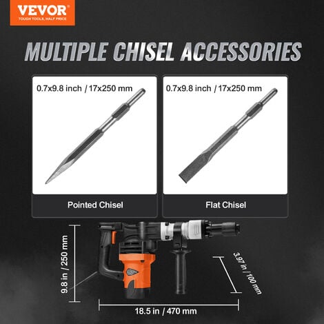 VEVOR Martillo de Demolición 1400 W 19 J 2900 BPM Martillo Electrico con Cable 5/8" con 2 Cinceles Reemplazables Mango Giratorio 360° Rompe Hormigón Antivibración para Cincelar Construcción Fontanería