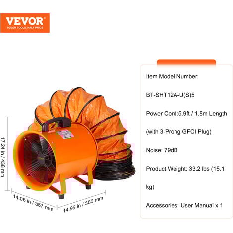 VEVOR Ventilador Extractor Portátil 367 W Extractor de Aire Industrial por Conductos 304,8 mm Manguera de Extracción 5 m Volumen de Aire 2574 CFM Extractor de Aire para Extraer Polvo, Trabajo en Casa