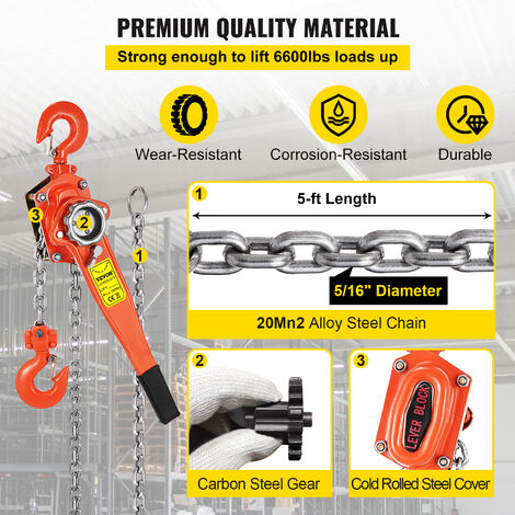 Polipasto Manual De Palanca DEWINNER 0,75t - Altura De Elevación 2,8 M, Cadena G80, Ideal Para Talleres Y Construcción