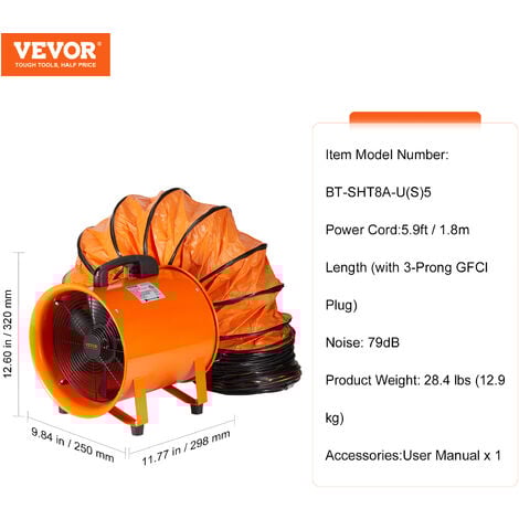 VEVOR Ventilador Extractor Portátil 145W Extractor de Aire Industrial por Conductos 203mm Manguera de Extracción 5m Volumen de Aire 1020CFM Extractor de Aire para Extraer Polvo, Humo, Trabajo en Casa