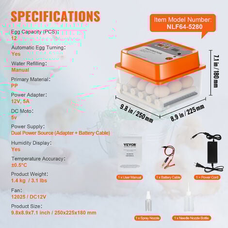 VEVOR Incubadora Automática de Huevos Incubadora para Huevos para Incubar Giro Automático 12 Huevos Control de Temperatura y Humedad Tapa Transparente para Incubar Huevos de Gallina Pato Codorniz