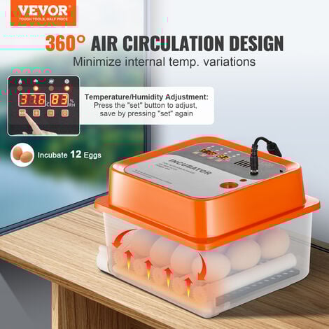 VEVOR Incubadora Automática de Huevos Incubadora para Huevos para Incubar Giro Automático 12 Huevos Control de Temperatura y Humedad Tapa Transparente para Incubar Huevos de Gallina Pato Codorniz
