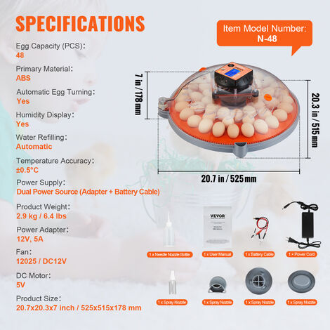 VEVOR Incubadora Automática de Huevos Incubadora para Huevos para Incubar Giro Automático 48 Huevos Control de Temperatura y Humedad Tapa Transparente ABS para Incubar Huevos de Gallina Pato Codorniz