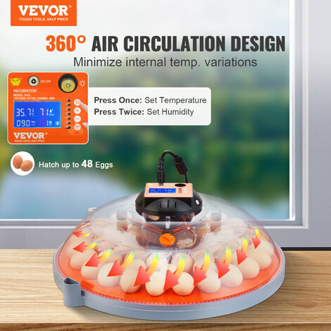 VEVOR Incubadora Automática de Huevos Incubadora para Huevos para Incubar Giro Automático 48 Huevos Control de Temperatura y Humedad Tapa Transparente ABS para Incubar Huevos de Gallina Pato Codorniz