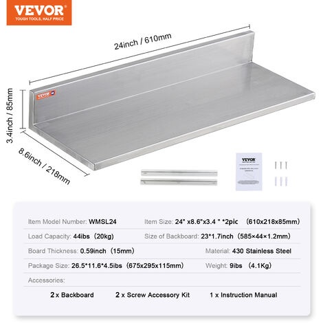 VEVOR Estante de pared de acero inoxidable Estante de cocina comercial 8.6  '' x 30 '' 1 pieza Hogar