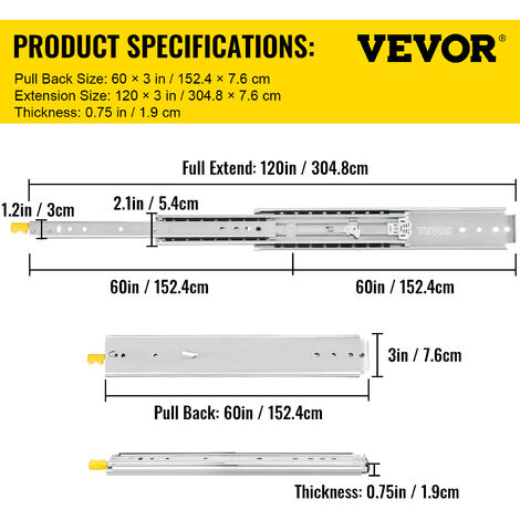 VEVOR Guías Laterales para Cajón Extracción Total de 304,8cm 1 par de Railes para Cajones 152,4x7,6x1,9cm Corredera con Rodamiento de Bolas Capacidad de Carga 225kg Acero Laminado en Frío Kit Completo
