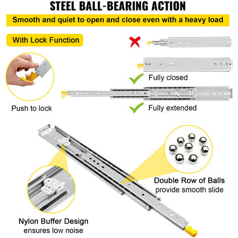 VEVOR Guías Laterales para Cajón Extracción Total de 304,8cm 1 par de Railes para Cajones 152,4x7,6x1,9cm Corredera con Rodamiento de Bolas Capacidad de Carga 225kg Acero Laminado en Frío Kit Completo