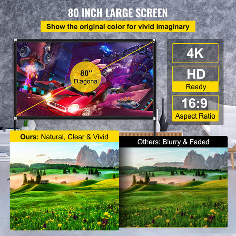 VEVOR pantalla para Proyector 80 pantalla de Proyector 16:9 4k HD pantalla de Proyector con trípode altura ajustable 200-250 cm pantalla Proyector