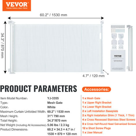 VEVOR VEVOR Barrera de Seguridad Extensible hasta 153 cm Puerta Mágica para  Perros Alto de 87 cm Puerta Retráctil para Bebés Abrir con Una Mano Vallas  de Malla para Niños Perros Pasillo