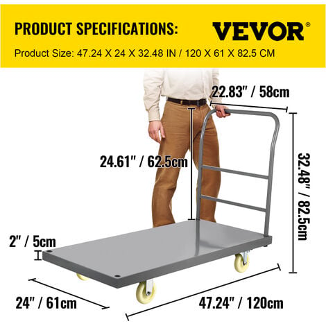 VEVOR VEVOR Camión de Plataforma Rodante con Ruedas 47,24x24x32,48Pulgadas,  Camión de Panel Gris, Carro de Plataforma Acero Q235 y PU, para Garaje,  Sótano, Oficina y Almacén, con Capacidad de Carga de 907kg