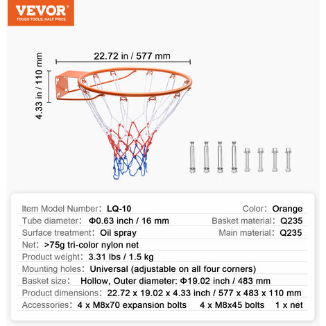 VEVOR Aro de Baloncesto Diámetro Exterior 483mm Canasta de Baloncesto de  Acero al Carbono con Red