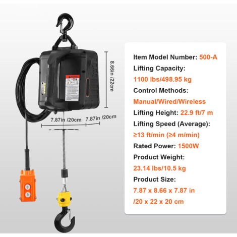 Mophorn Cabrestante eléctrico 3 en 1 , 1100 lb, grúa con cabrestante eléctrico de 1500 W con control remoto con cable e inalámbrico, altura de elevación de 22,9 pies, 13 pies/min