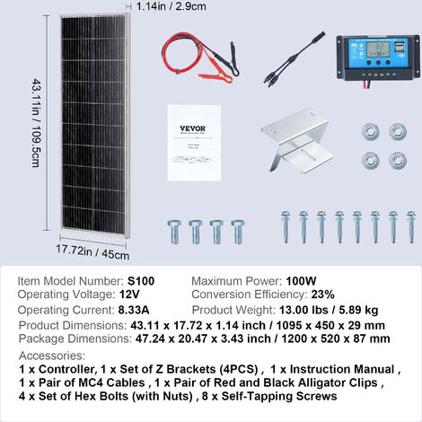 VEVOR Kit de Panel Solar Monocristalino 100 W Panel Solar Monocristalino 12 V con Controlador de Carga Módulo Fotovoltaico Monocristalino de Alta Eficiencia 23% IP68 a Prueba de Agua para RV, Barcos