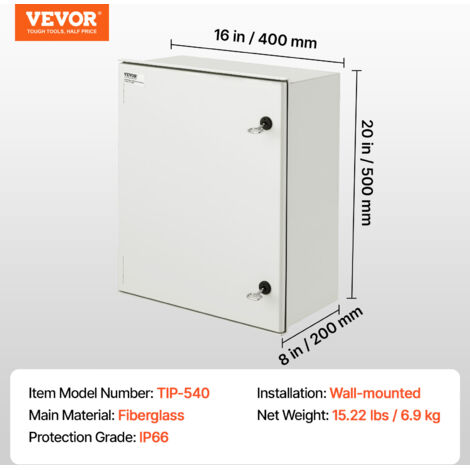 Caja Eléctrica De Fibra De Vidrio VEVOR IP66 NEMA 4X - 40x30x20 Cm, Impermeable Y A Prueba De Polvo Para Interior/exterior