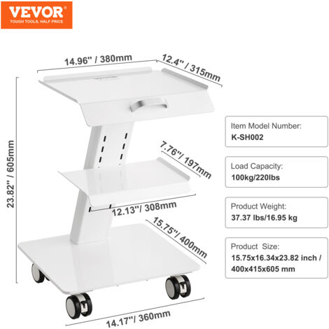 VEVOR Carro de laboratorio de acero carro medico de 3 capas carro de servicio de gran carga de 100 kg con ruedas giratorias almacenamiento para laboratorio, sala de estar, hospital, uso dental