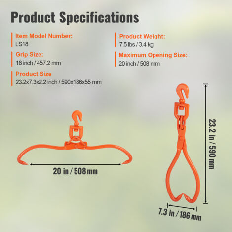 Pinzas VEVOR Para Arrastrar Troncos - 457 Mm De Agarre, 350 Kg De Capacidad - Acero Industrial Con Anillo Giratorio