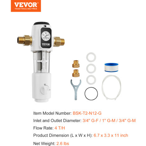 Filtro Per Sedimenti VEVOR Per Tutta Casa, 40 Micron, Dimensioni 151x137x274 Mm, Portata 4T/h, Con Manometro E Controlavaggio